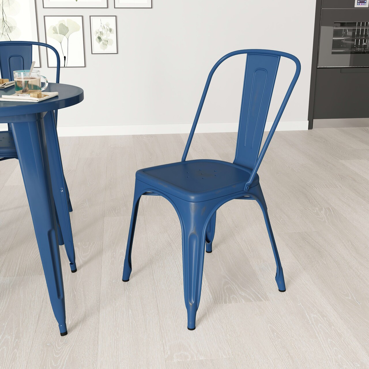 Merrick Lane Banks Indoor/Outdoor Stacking Metal Dining Chair with Single Slat Back and Distressed Powder Coated Finish